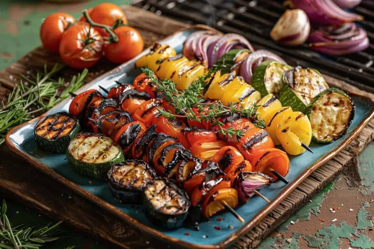 Brochettes de légumes grillés, tomates, courgettes, poivrons jaunes et oignons rouges, parfaits pour un brasero.