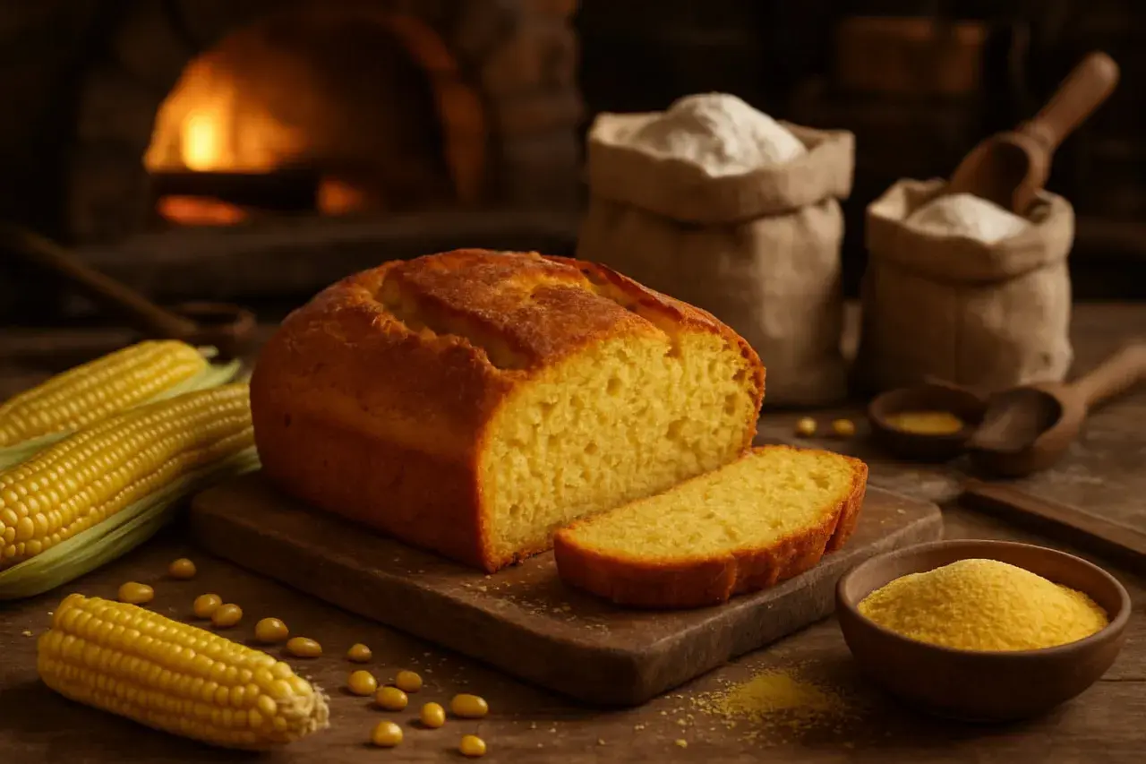 Un pain au maïs doré, coupé en tranche, est présenté avec des épis de maïs frais et de la farine. Un feu de cheminée réchauffe la scène.