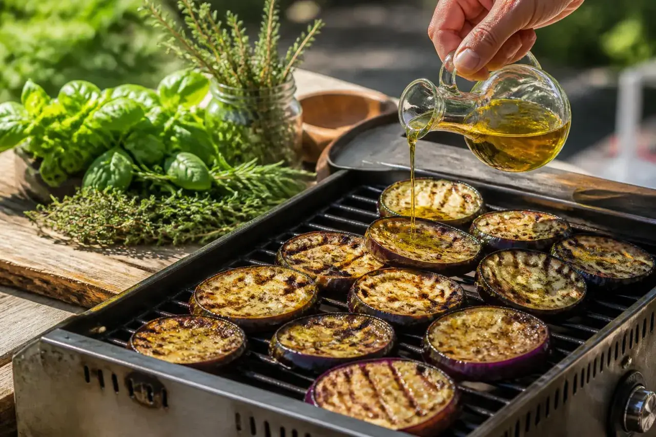 Tranches d'aubergine grillées sur un barbecue, arrosées d'huile d'olive. Herbes fraîches en arrière-plan.
