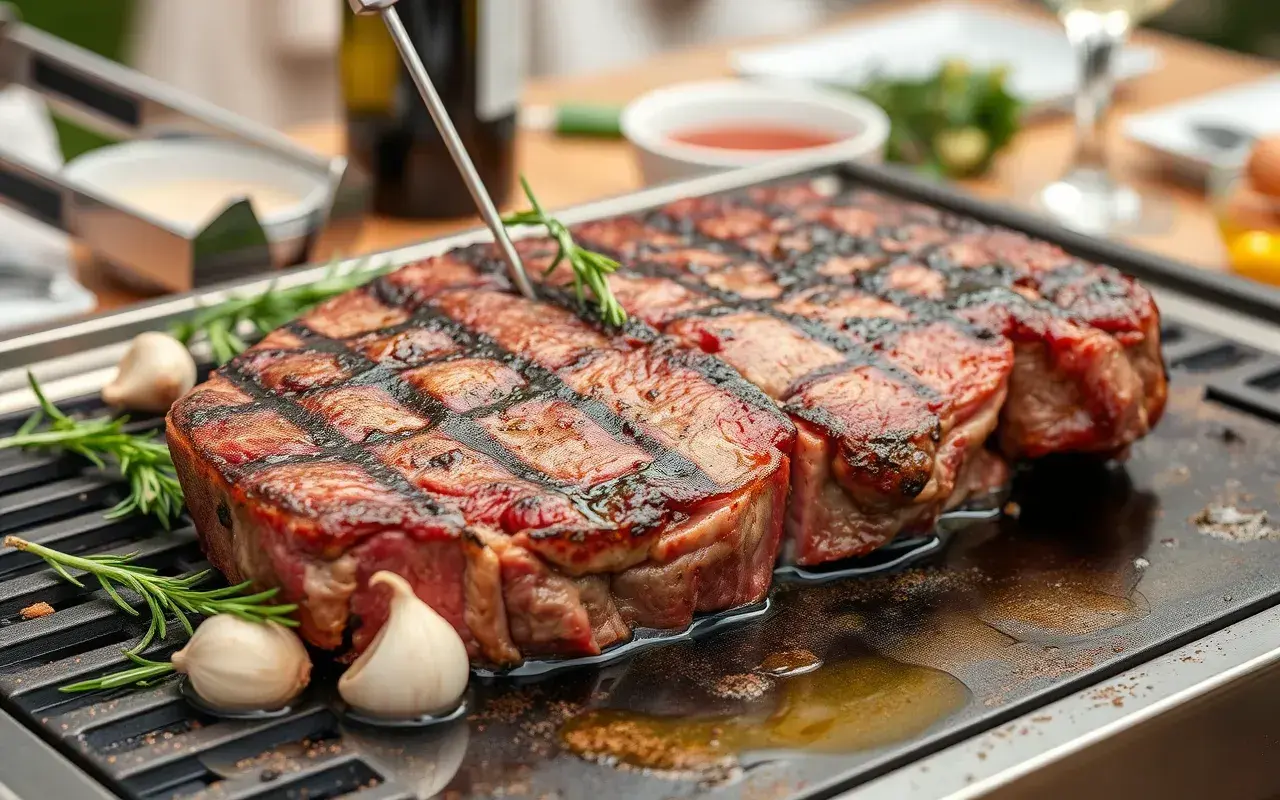 Succulent steaks grillés sur une plancha, avec romarin et ail. Une recette plancha parfaite pour un repas savoureux.