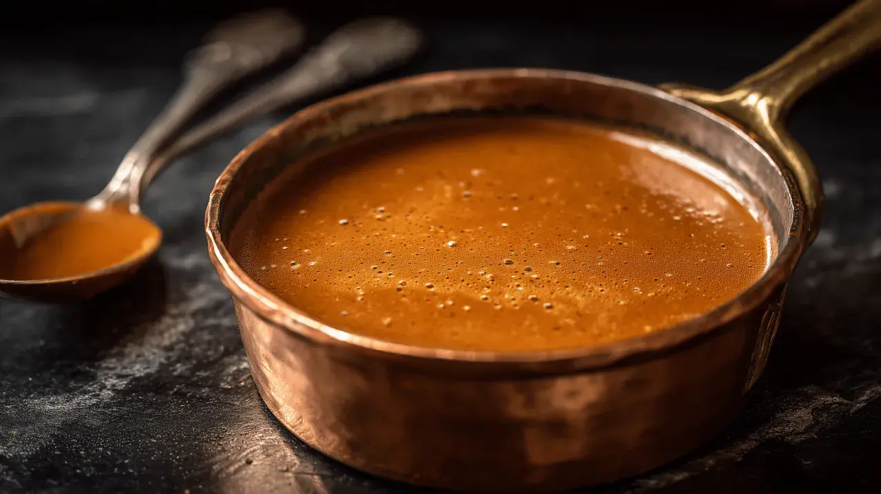 Une cuillère en argent repose à côté d'une casserole en cuivre remplie d'une sauce américaine onctueuse et mousseuse, prête à être dégustée.