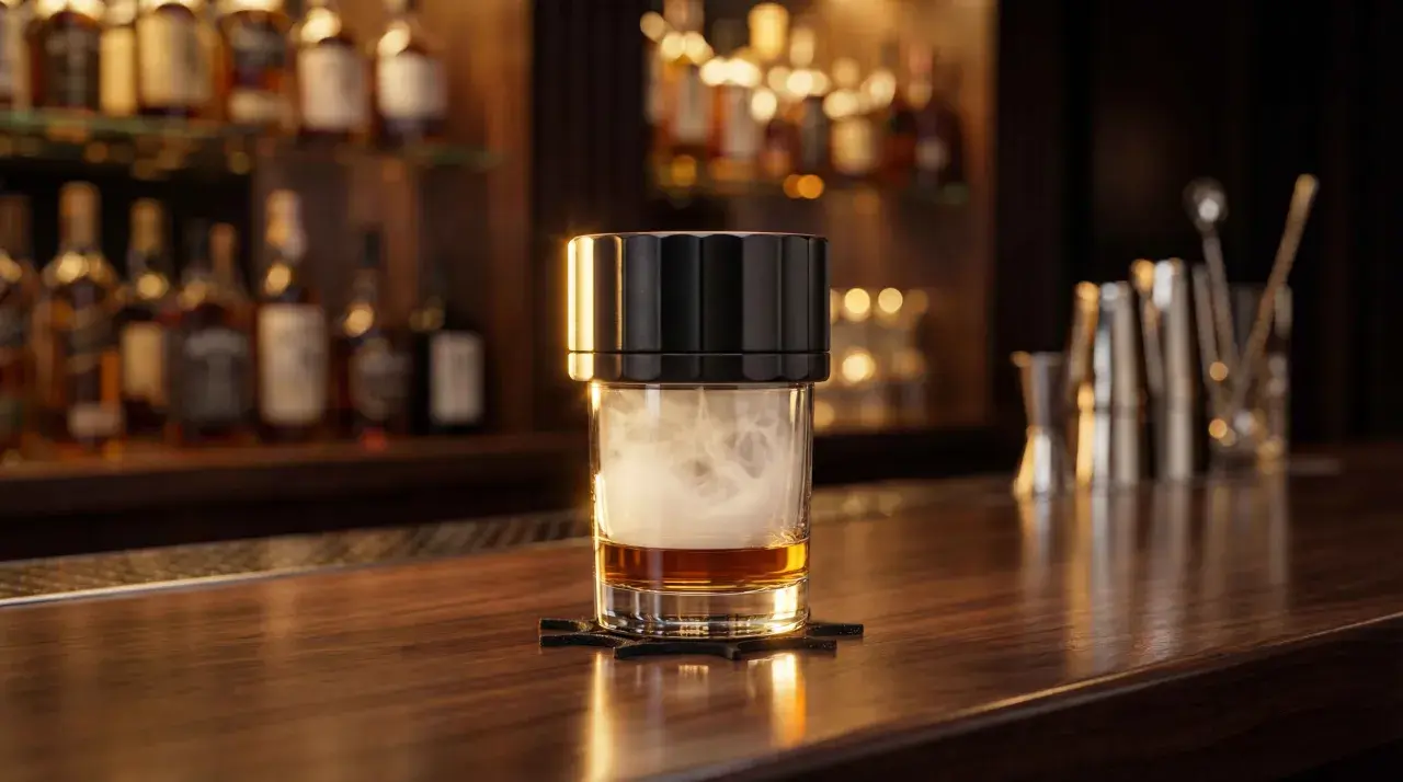 Verre de whisky fumé, montrant comment fonctionne un fumoir à cocktail. Des bouteilles d'alcool en arrière-plan.