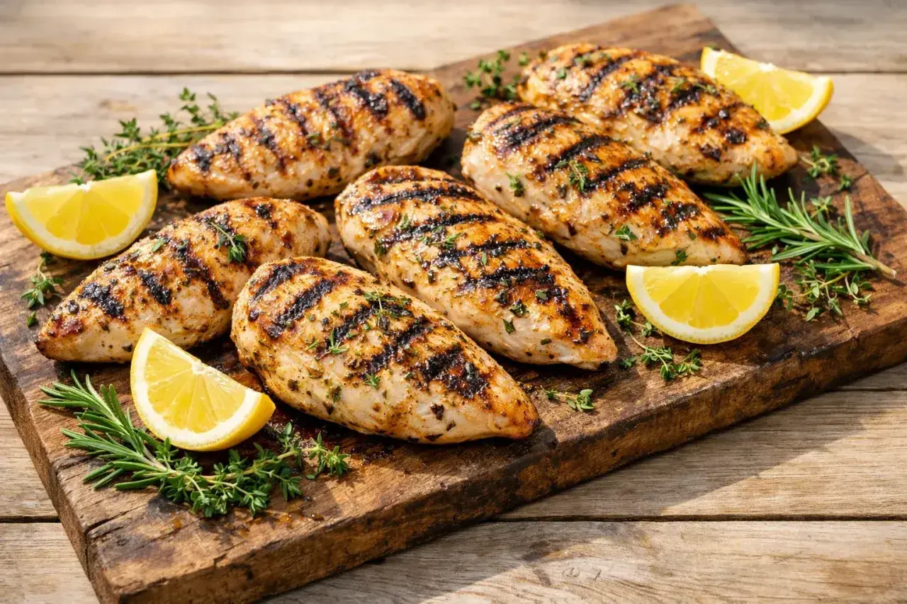 Poitrines de poulet grillées, garnies d'herbes et de quartiers de citron. La meilleure marinade poulet citron pour un repas savoureux.