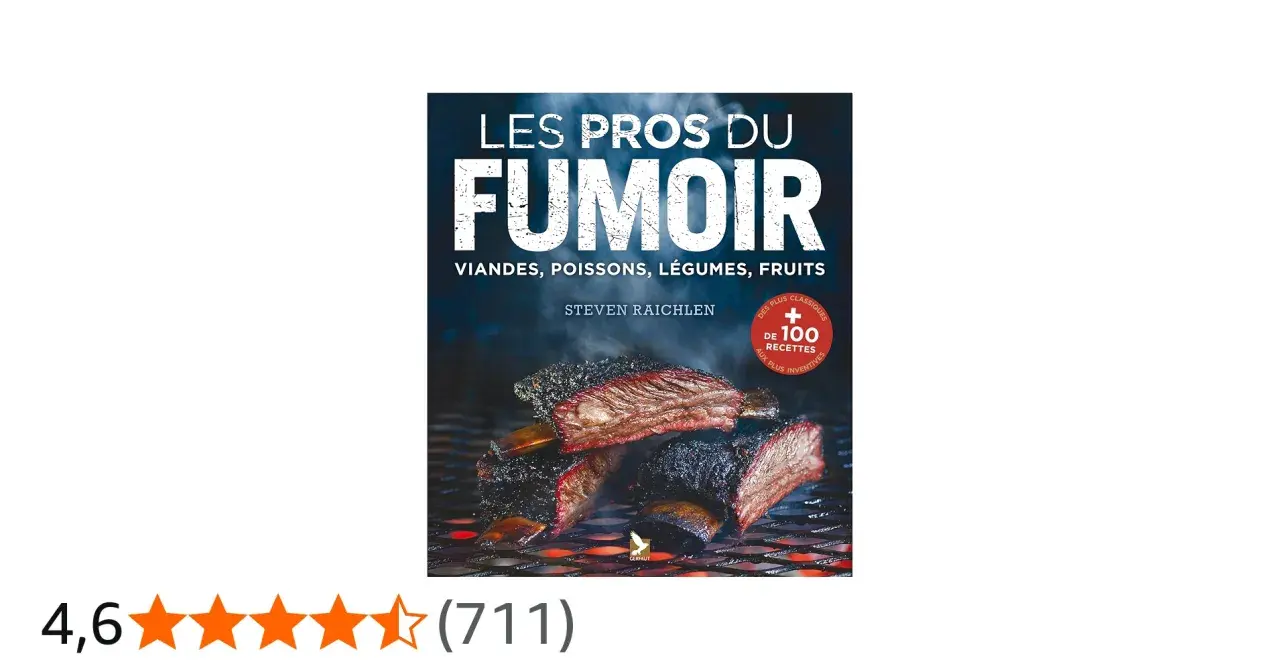 Couverture du livre "Les pros du fumoir" de Steven Raichlen, montrant des côtes de bœuf fumées sur un grill.