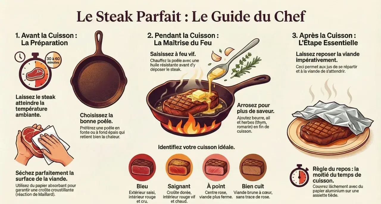 Un steak saignant, cuit à la perfection, avec une croûte dorée et un intérieur rouge vif. Le guide du chef pour une viande savoureuse.