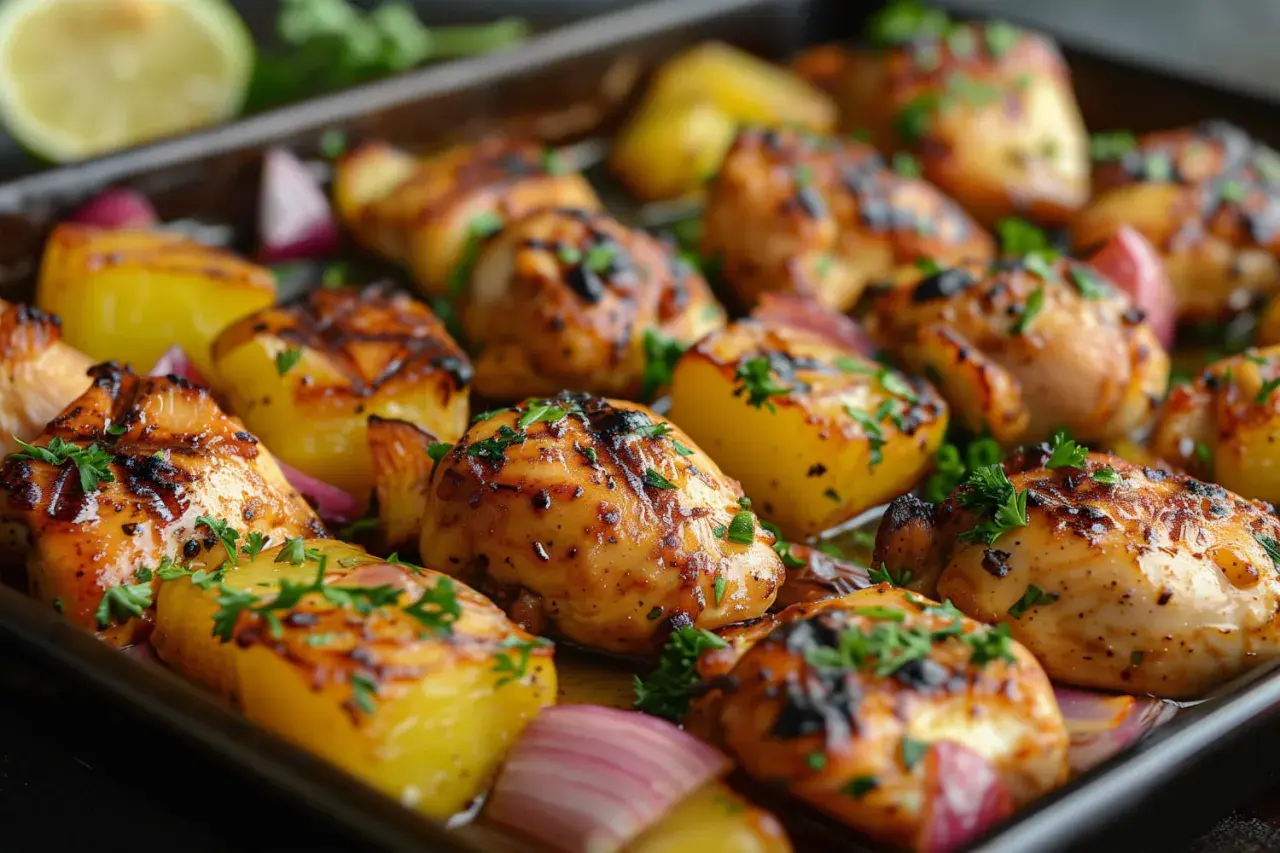 Poulet et pommes de terre grenaille au barbecue, parsemés de persil frais. Un plat savoureux prêt à être dégusté.
