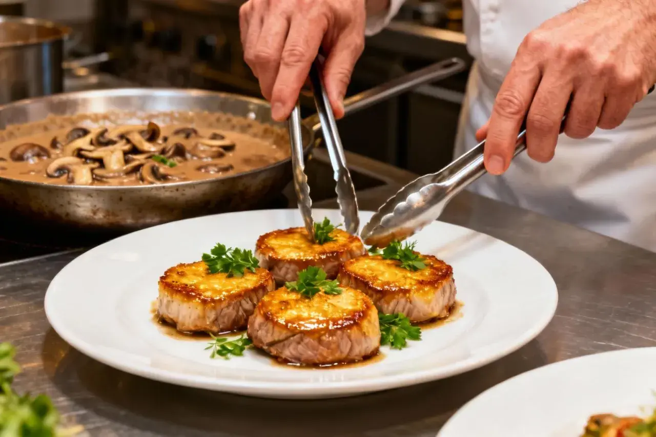 Un chef dépose délicatement des médaillons de filet mignon de veau sur une assiette blanche, ornés de persil frais. Une sauce aux champignons crémeuse mijote dans une poêle en arrière-plan.