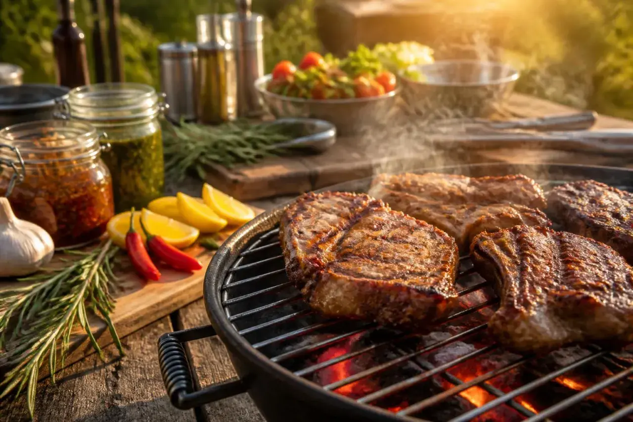Des morceaux de lard juteux grésillent sur le barbecue, accompagnés d'ail, de piments et de citrons. Une scène parfaite pour un barbecue d'été.