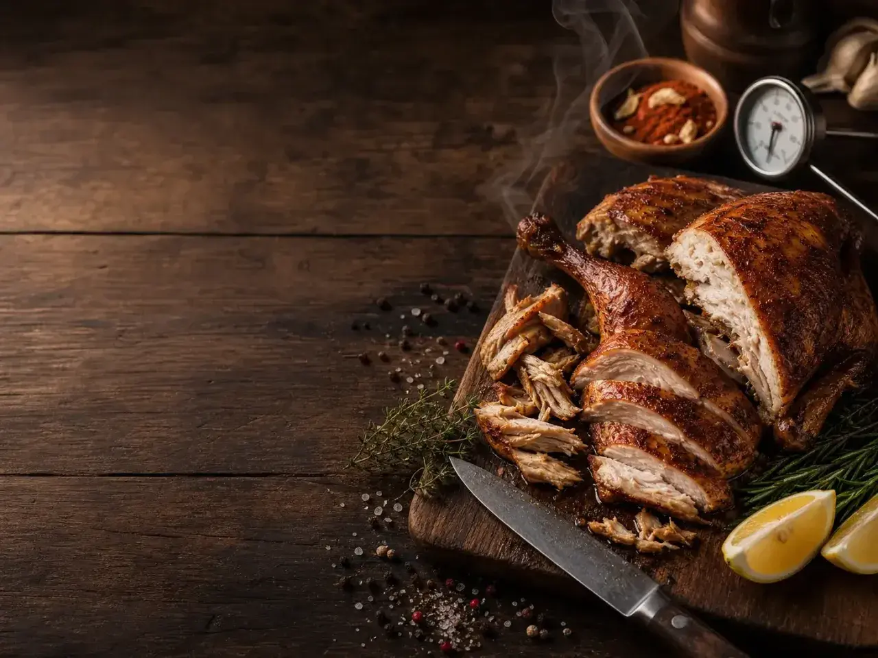 Un délicieux poulet fumé, coupé en tranches, prêt à être dégusté. Une recette savoureuse avec des herbes et des citrons.