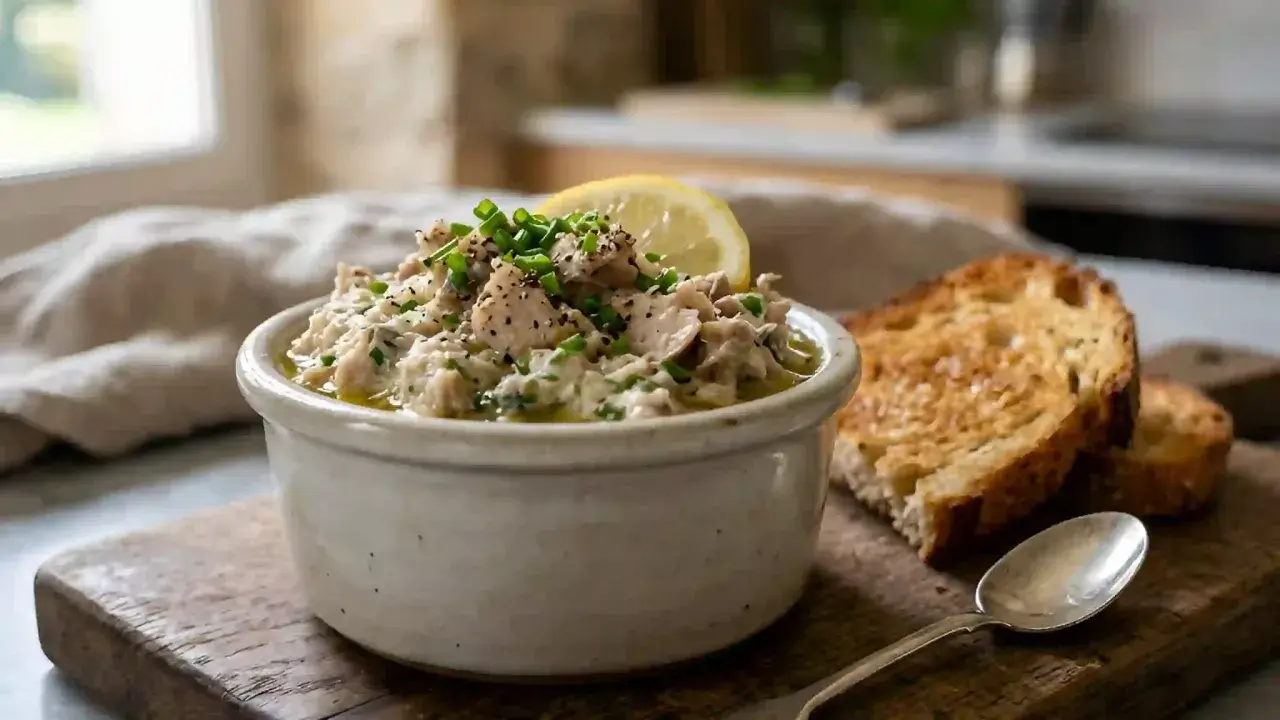 Un bol de rillettes de maquereau, garni de ciboulette et d'une tranche de citron, servi avec des toasts grillés.