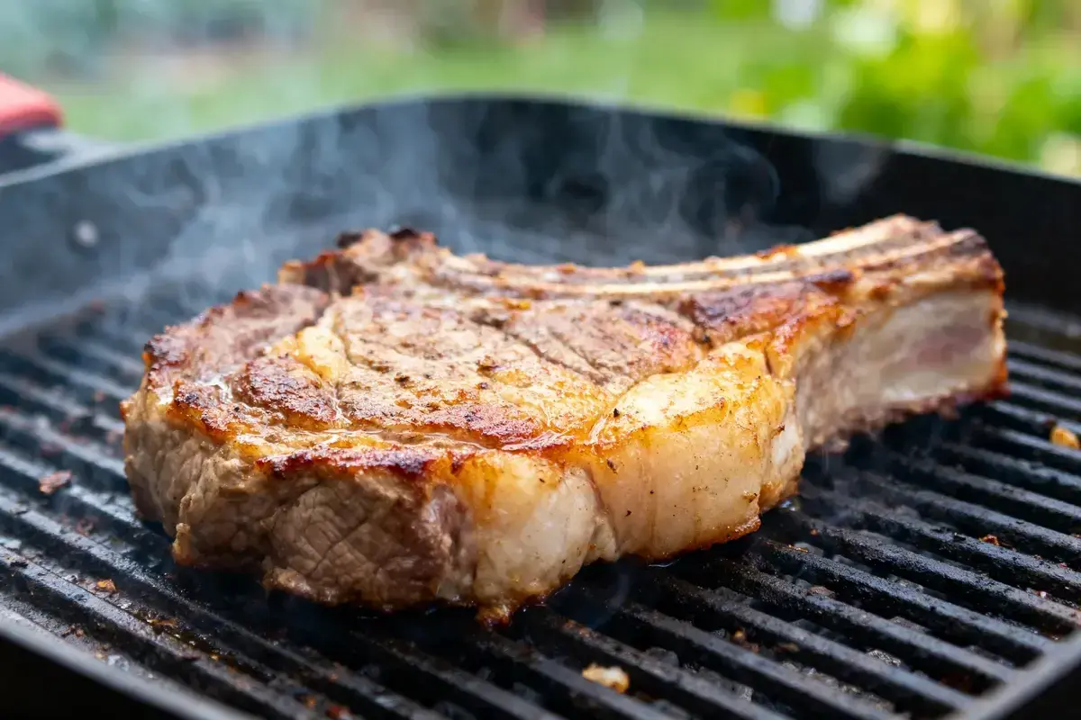 Une succulente basse côte de bœuf grésille sur un grill, dégageant une vapeur alléchante.