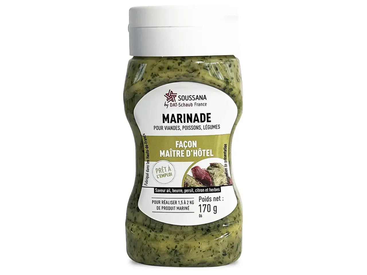 Bouteille de marinade Maître d'Hôtel prête à l'emploi, saveur ail, beurre, persil, citron et herbes. Idéale pour viandes, poissons et légumes.