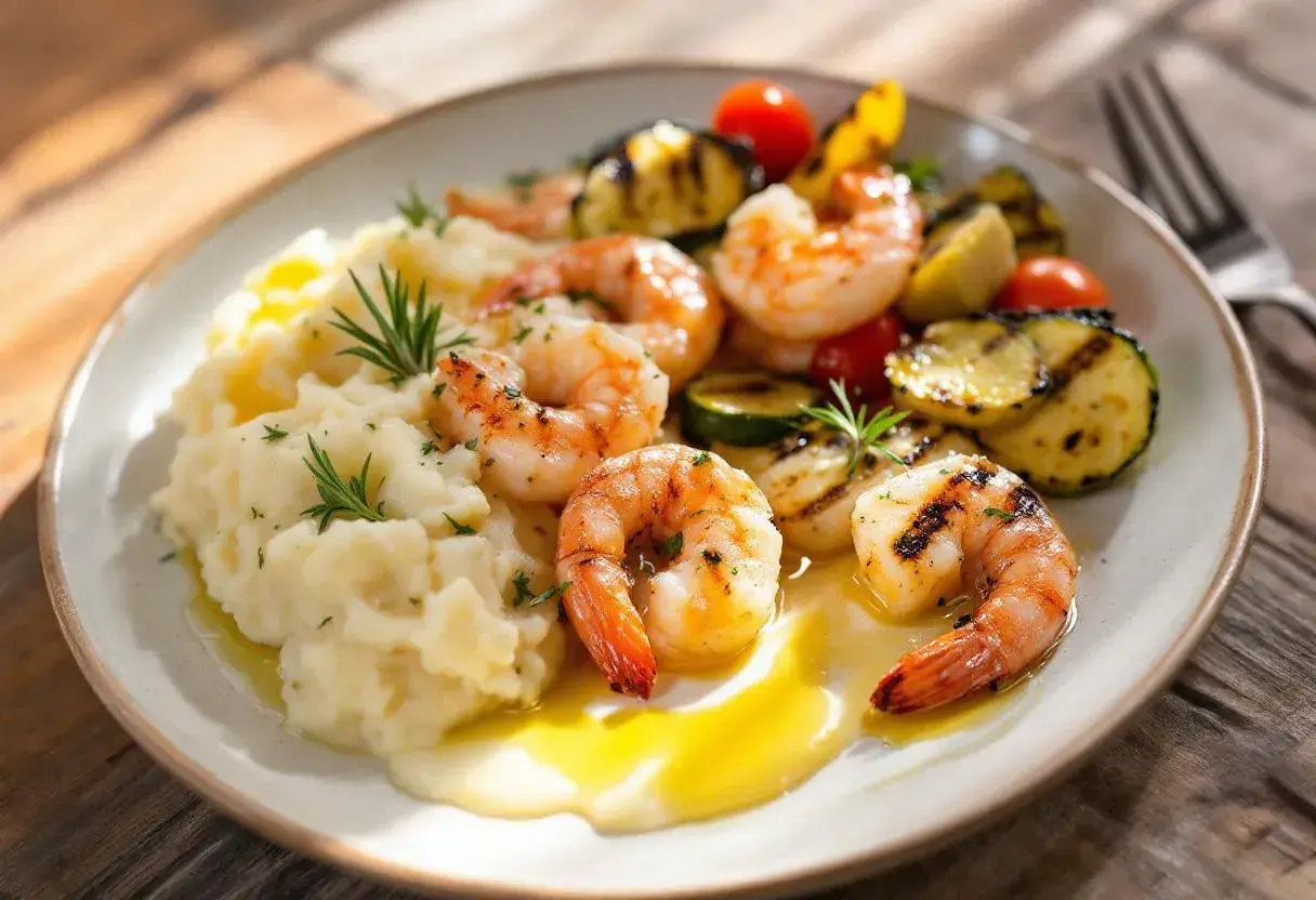 Une assiette appétissante d'entrée avec gambas grillées, purée de pommes de terre crémeuse et légumes rôtis.
