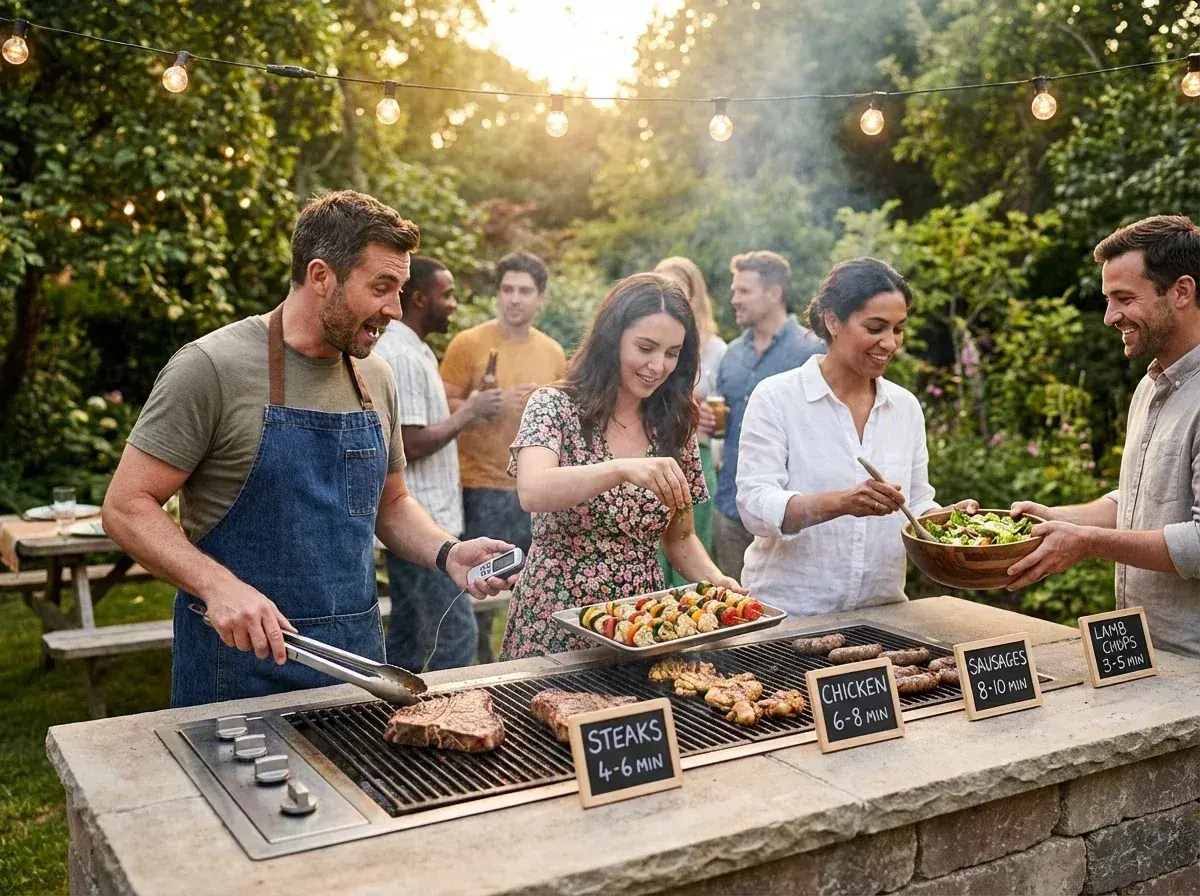 Ambiance estivale, amis réunis autour d'un barbecue gaz. Les indications de temps de cuisson barbecue gaz sont visibles : steaks, poulet, saucisses, côtelettes d'agneau.