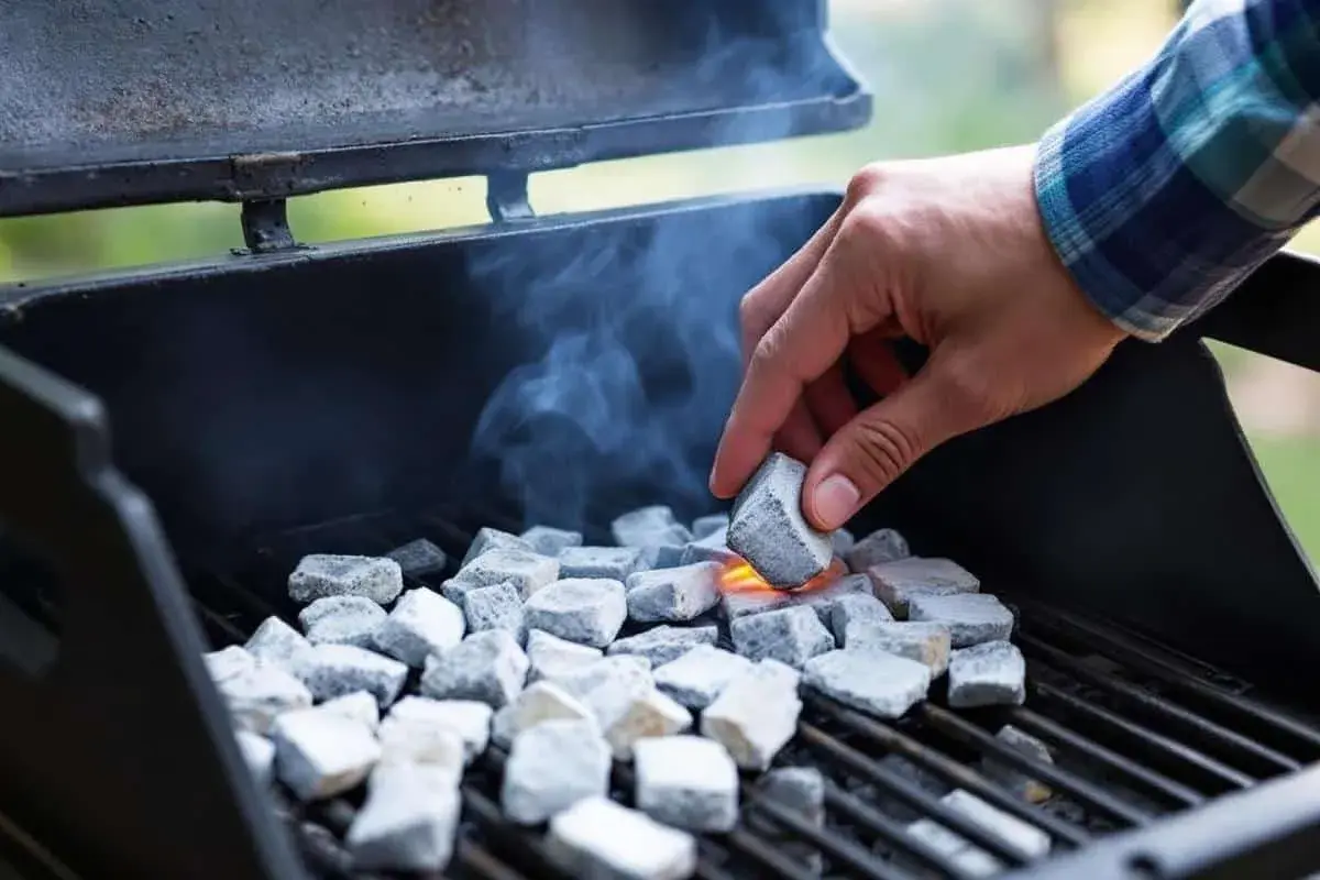 Une main allume des briquettes de charbon dans un barbecue, de la fumée s'échappe. On se demande combien de temps pour allumer un barbecue.