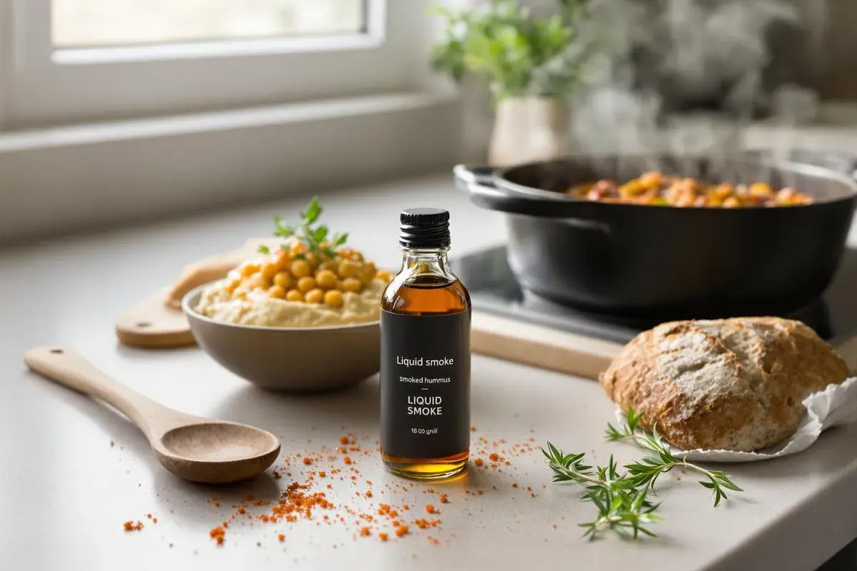 Comment donner un goût fumé aux aliments : une bouteille de "Liquid smoke" à côté d'un houmous et d'un pain rustique.