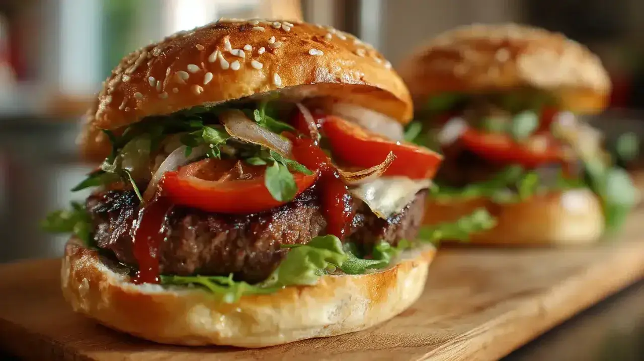 Un délicieux burger maison avec un pain aux graines de sésame, une viande juteuse, des tomates fraîches, de la laitue croquante et une sauce savoureuse.