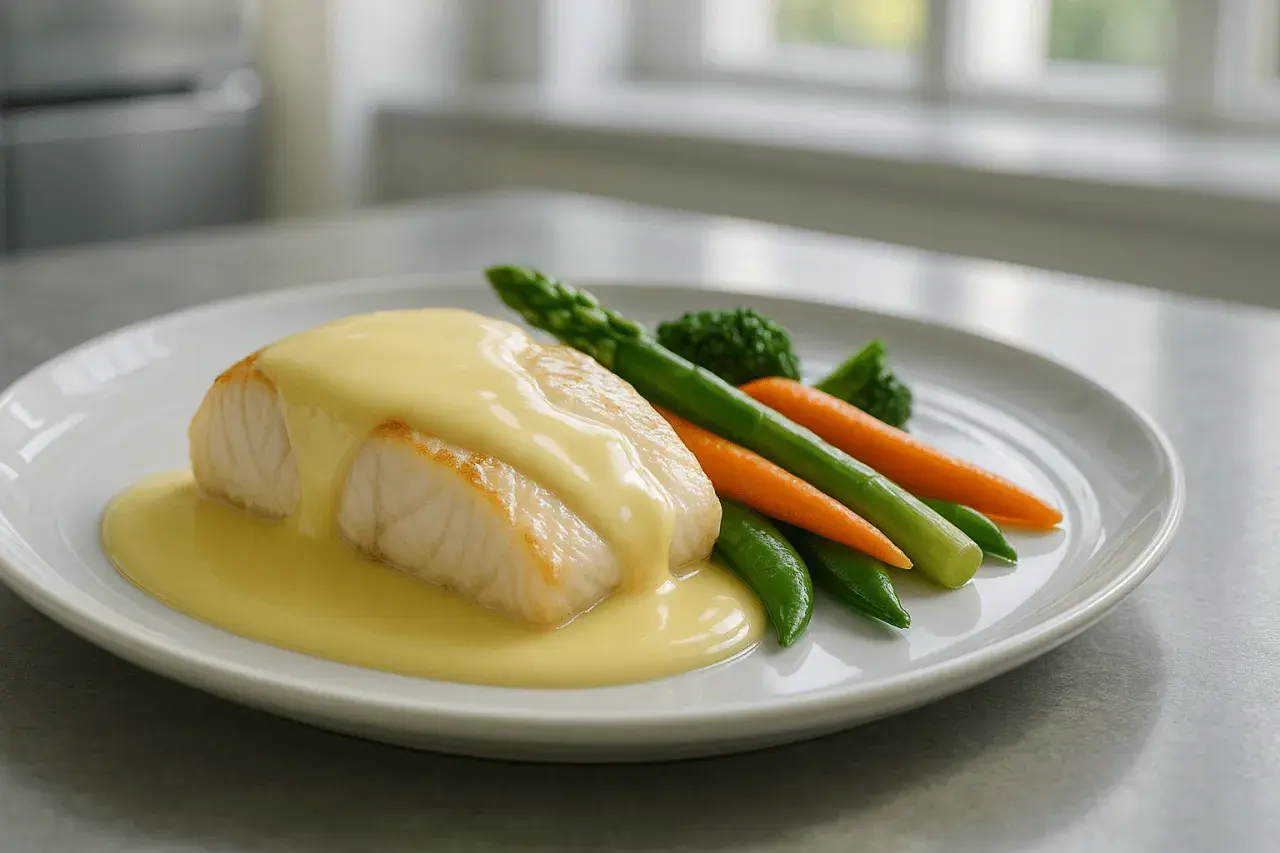 Filet de poisson nappé d'une sauce onctueuse, accompagné de légumes verts et carottes. Une recette beurre blanc qui fait saliver.