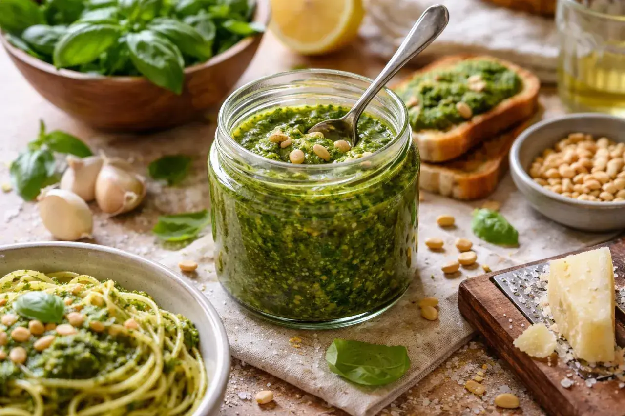 Un pot de pesto maison, prêt à être dégusté avec des pâtes ou sur du pain grillé. Une authentique pesto recette italienne.