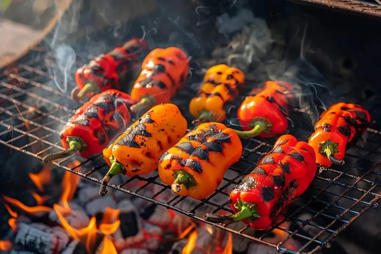 Poivrons rouges et jaunes grillés sur un barbecue, dégageant une fumée alléchante. Le poivron barbecue parfait pour un repas d'été.