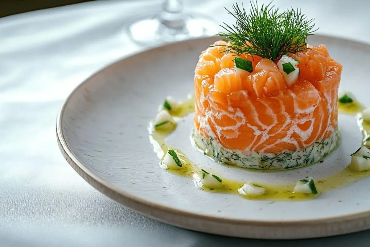 Tartare de saumon frais, délicatement préparé avec une touche de saumure, garni d'aneth et servi sur une assiette élégante.