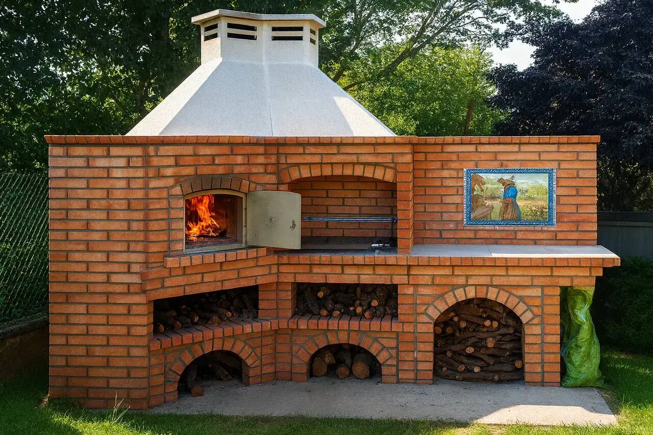Un grand barbecue en briques, avec un feu qui crépite et du bois rangé, prêt pour un repas rustique au barbecue.