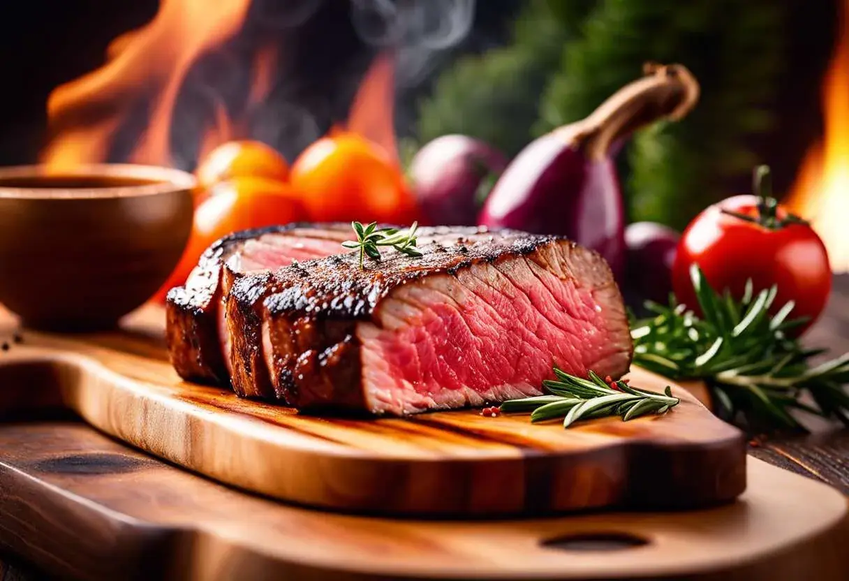 Un steak juteux, coupé en deux, sur une planche en bois, avec des flammes de barbecue rapide en arrière-plan. Tomates et oignons pour accompagner.