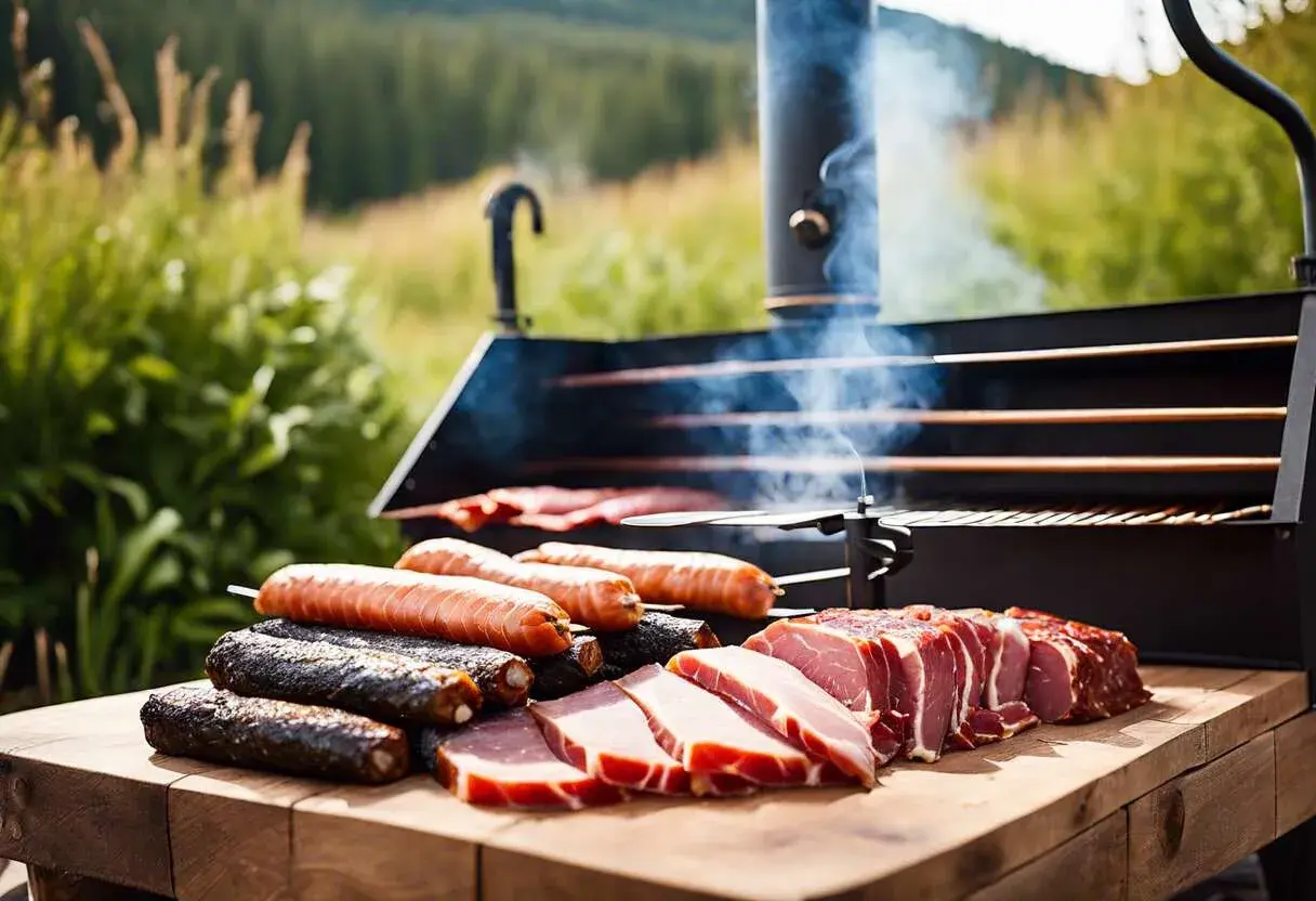 Saucisses, poisson fumé et viande prêts pour une recette de fumage à froid. La fumée s'échappe du fumoir en plein air.