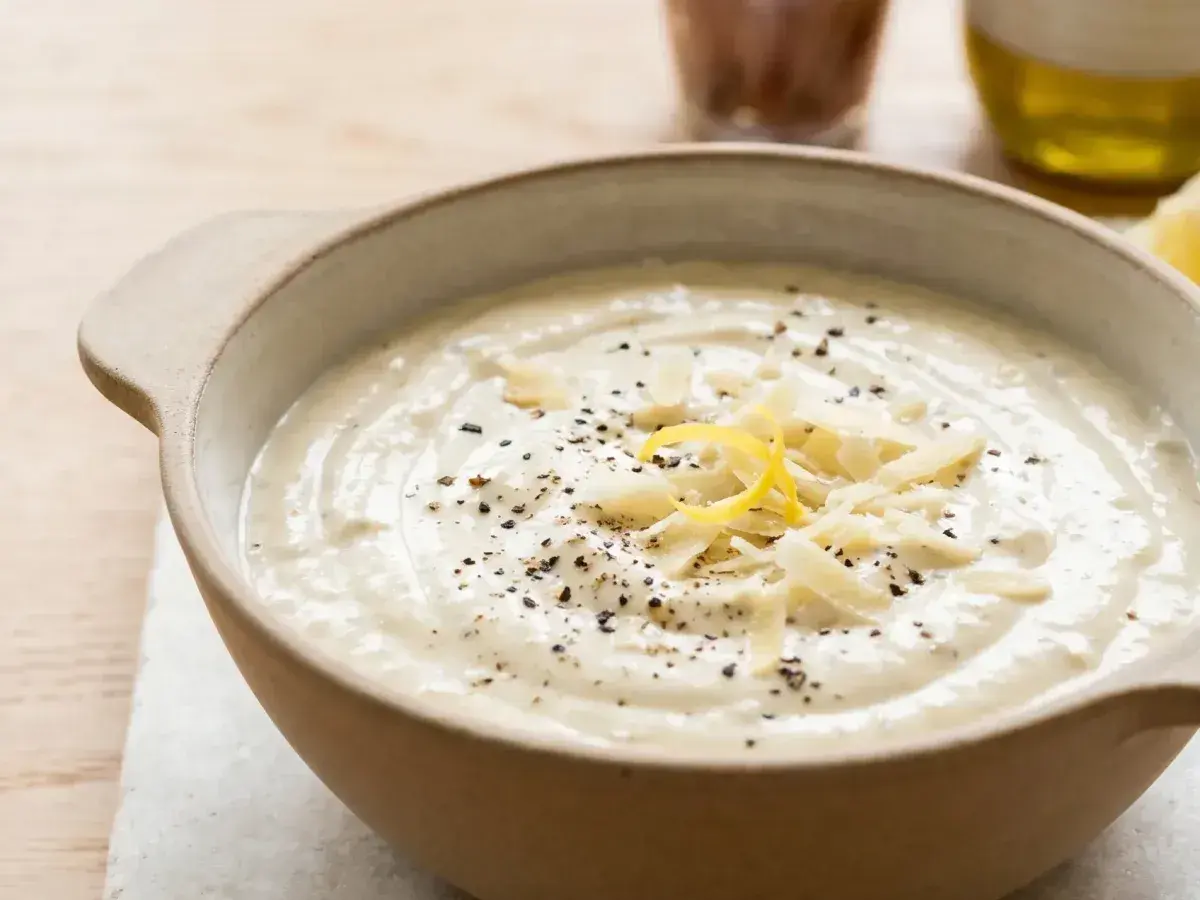 Un bol de sauce césar crémeuse, garnie de copeaux de parmesan, de zeste de citron et de poivre noir fraîchement moulu.
