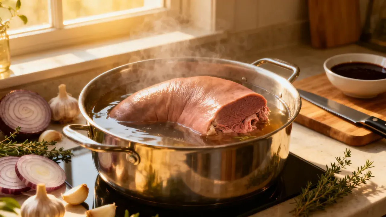 Une langue de bœuf mijote dans une casserole, entourée d'oignons, d'ail et de thym. Un cours de cuisine savoureux en préparation.