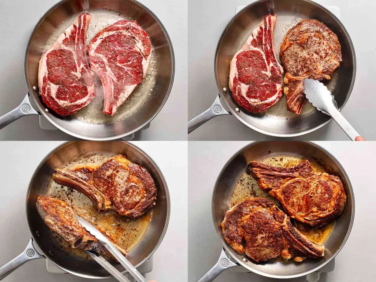 Quatre étapes pour une entrecôte saignante parfaite dans une poêle. La viande rouge est saisie, retournée puis cuite jusqu'à obtenir une belle croûte dorée.