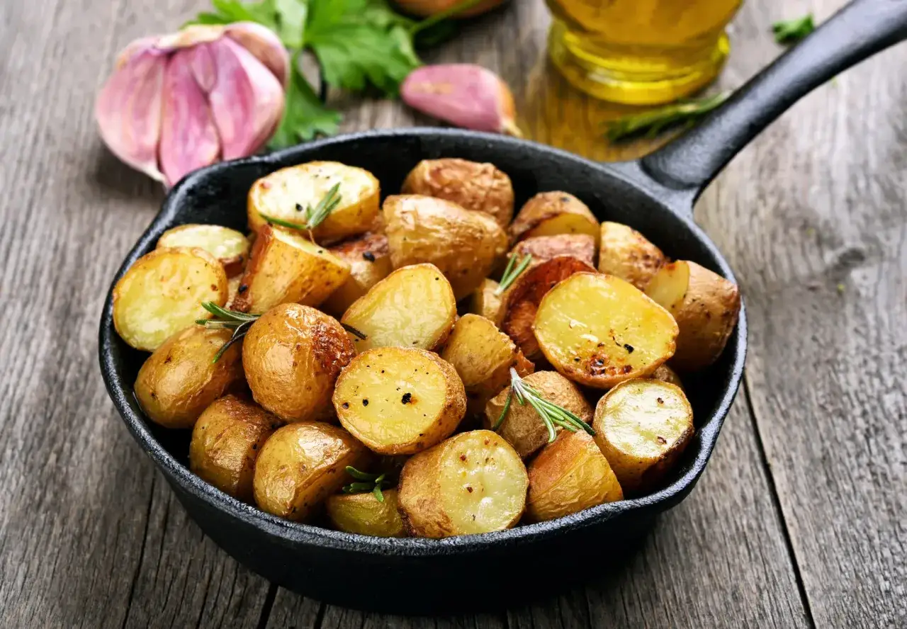 Pommes de terre &agrave; la braise dor&eacute;es et savoureuses dans une po&ecirc;le en fonte, pr&ecirc;tes &agrave; &ecirc;tre d&eacute;gust&eacute;es. Le temps de cuisson parfait pour un d&eacute;lice croustillant.