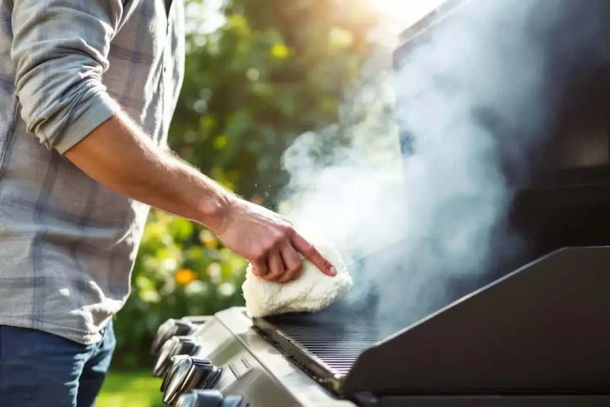 Un homme nettoie son barbecue à charbon avec une éponge, de la vapeur s'échappe.