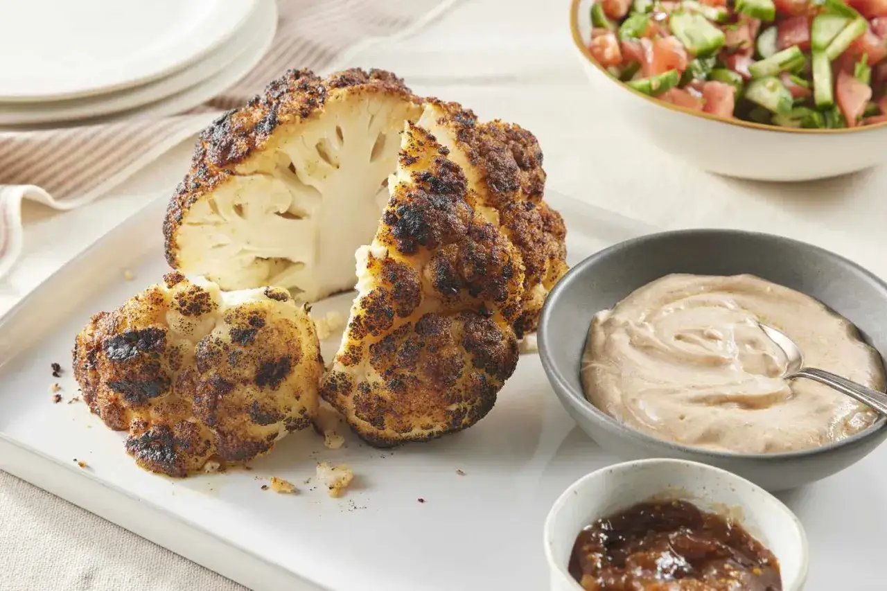 Un chou-fleur entier, rôti et caramélisé, est servi avec une sauce crémeuse et une compotée de fruits. Un délice de chou-fleur barbecue !