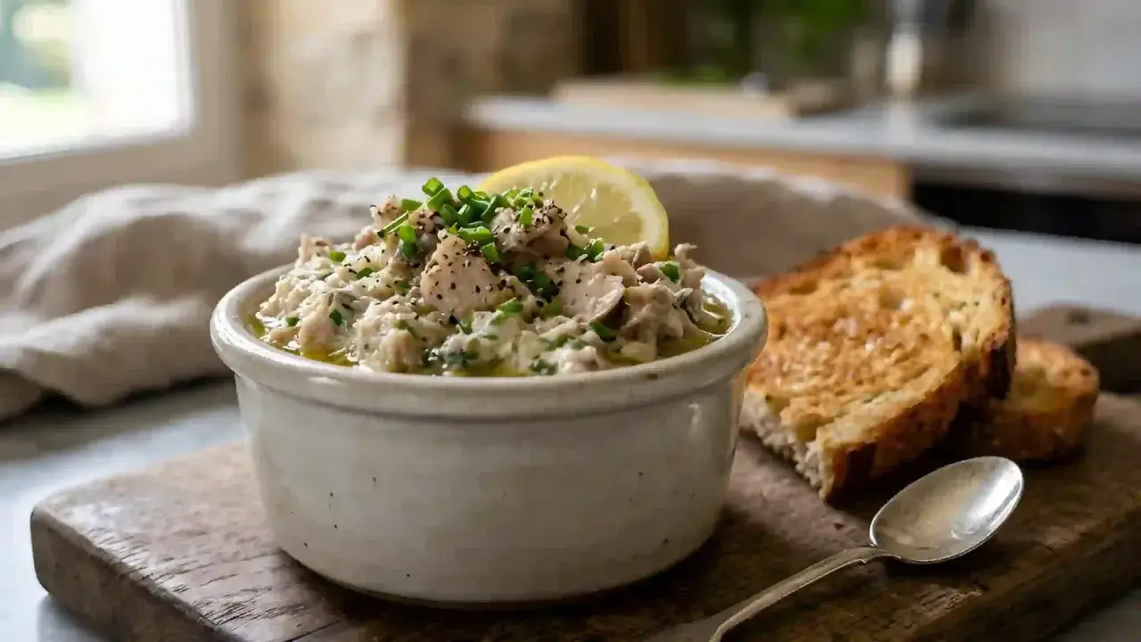 Un bol de rillettes de maquereau garni de ciboulette et d'une tranche de citron, servi avec des toasts grillés.