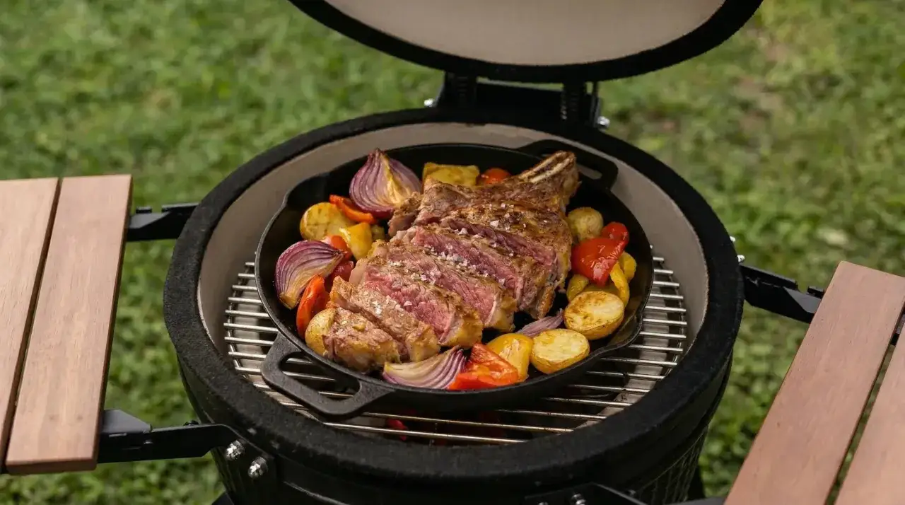 Côte de bœuf savoureuse avec pommes de terre, oignons rouges et poivrons, cuite à la perfection dans un kamado.