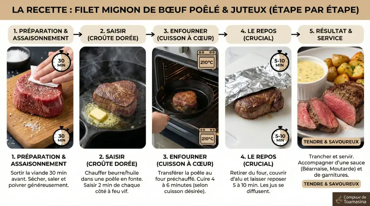 Préparation d'un filet mignon : assaisonnement, saisie, cuisson au four, repos, puis dégustation. Un délice tendre et savoureux.