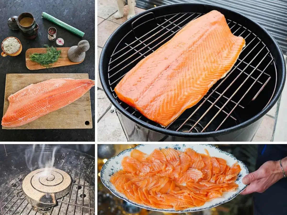 Pr&eacute;paration d'un saumon pour une recette de fumage &agrave; froid. Le poisson est sur une planche, puis dans un fumoir, et enfin servi en tranches.