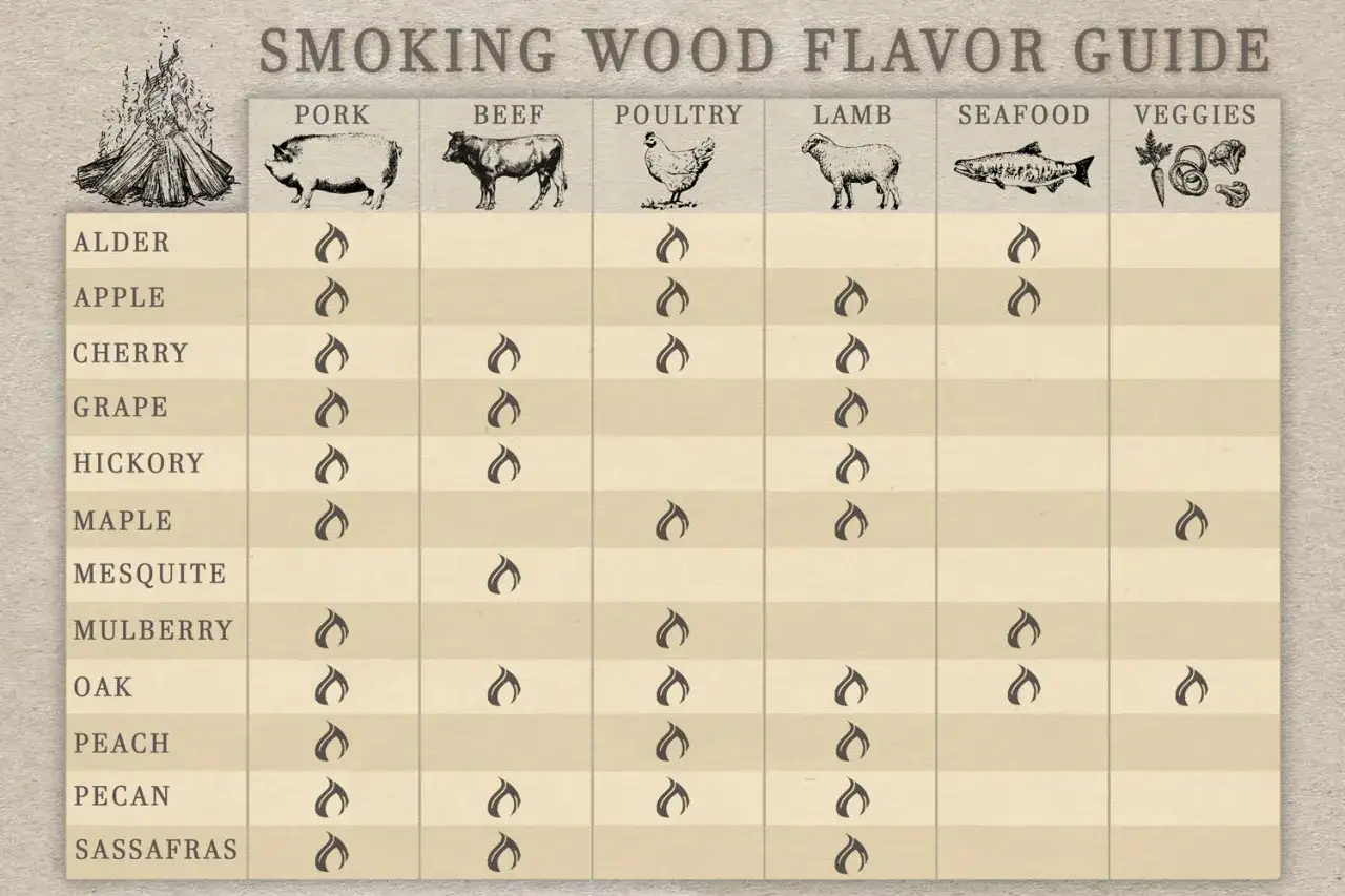 Guide des saveurs de bois pour comment fumer de la viande. Illustre quels bois conviennent à différents types de viandes, volailles, poissons et légumes.