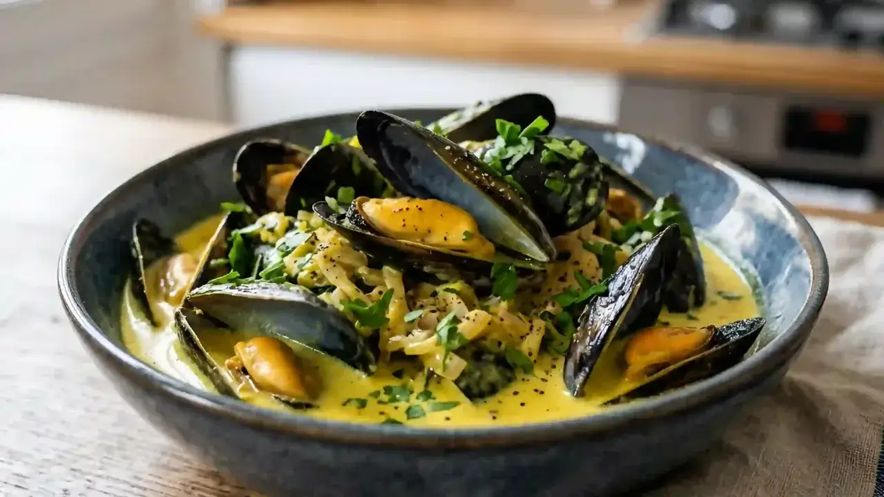 Un plat de moules à la crème, garni de persil frais. Une délicieuse mouclade recette à savourer.