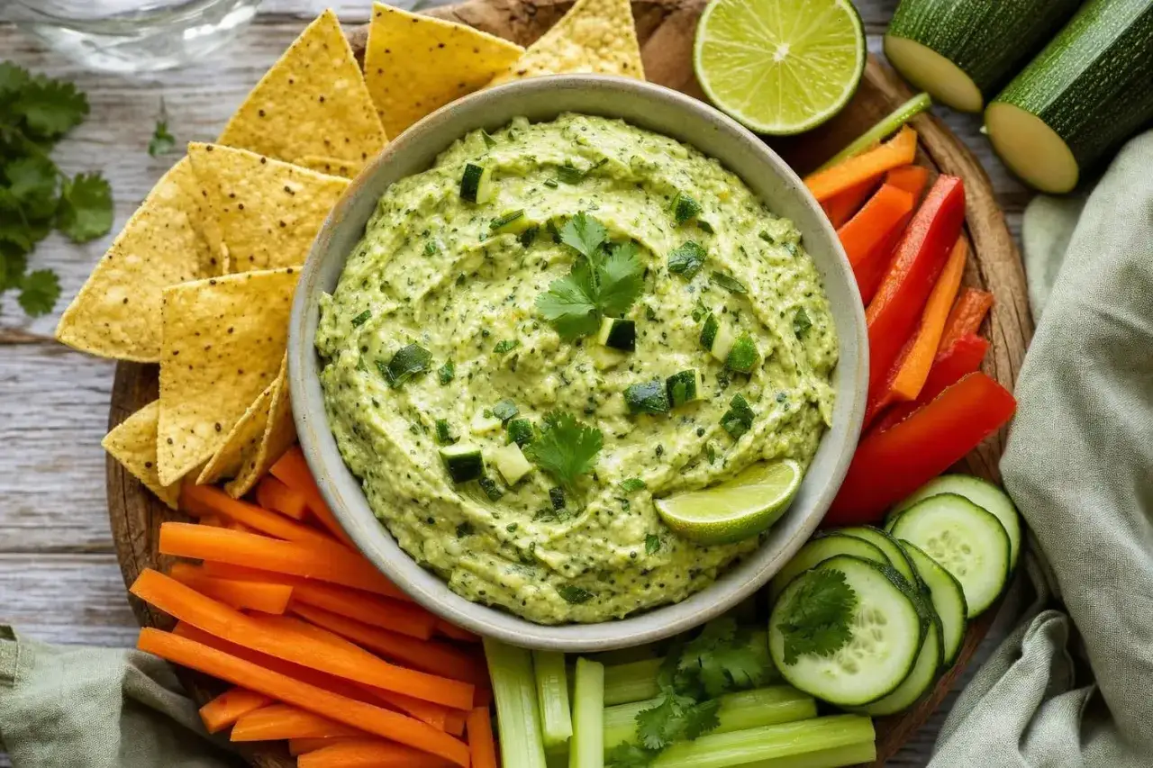 Un délicieux guacamole de courgettes, servi avec des nachos, des bâtonnets de carottes, de céleri, de poivrons rouges et des tranches de concombre.