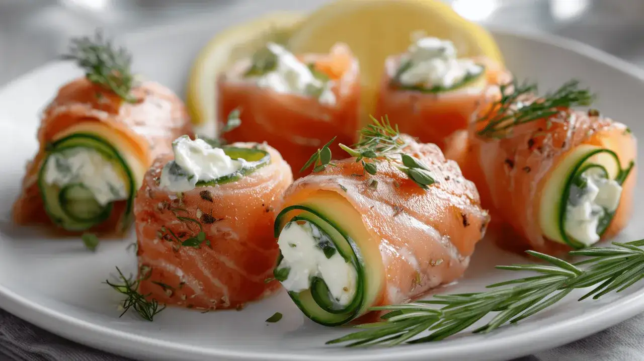 Rouleaux de saumon fumé, concombre et fromage frais, parfaits pour une marinade pour saumon fumé. Garnis d'herbes fraîches et de quartiers de citron.