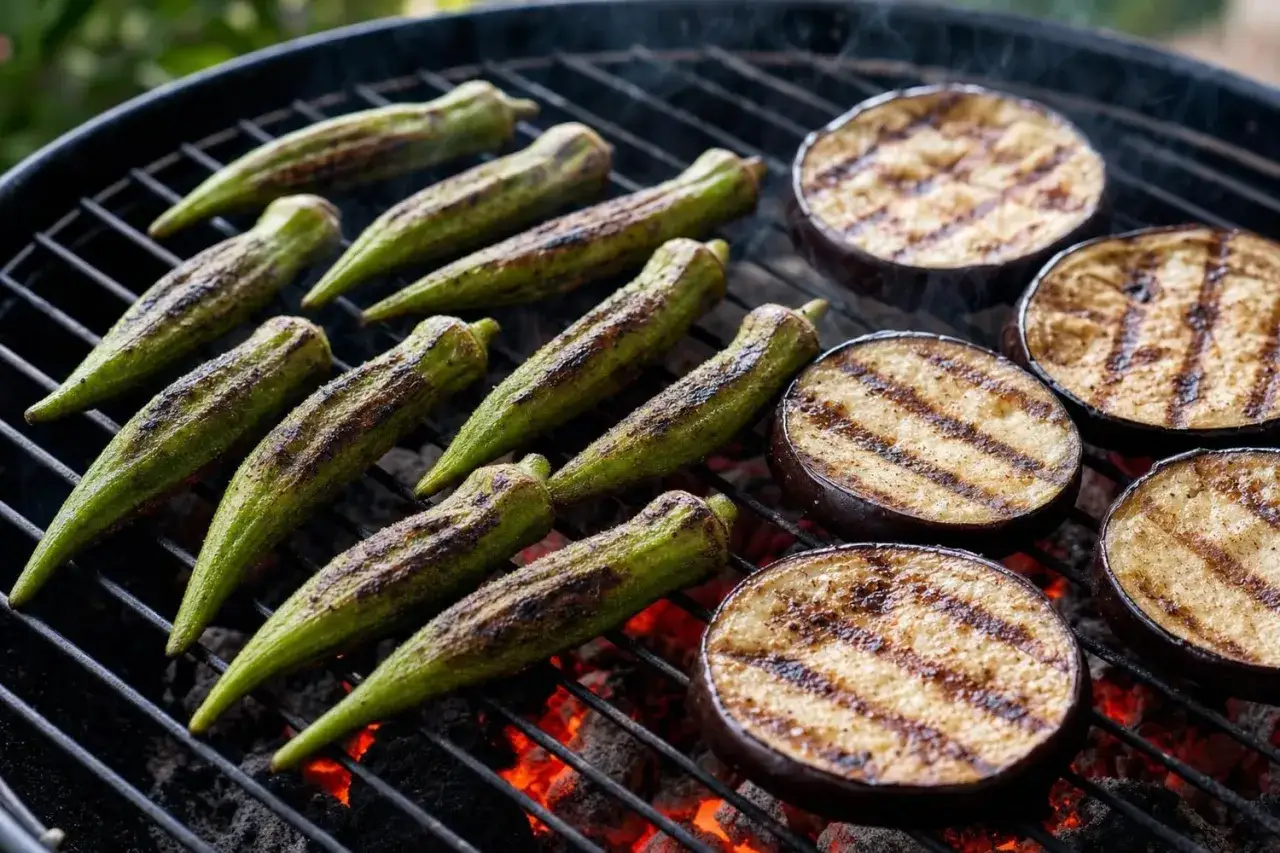 Okras et aubergines grillées sur un barbecue, dégageant une vapeur aromatique rappelant le basilic.