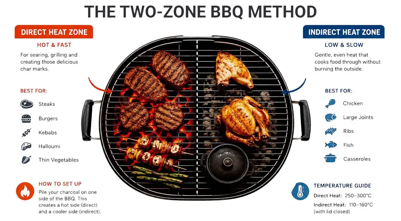 Préparer un barbecue avec des steaks, des burgers et un poulet rôti sur deux zones de chaleur distinctes.