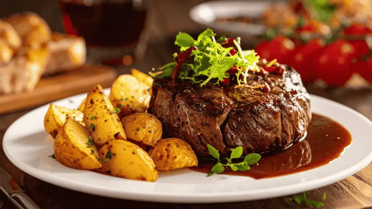 Un plat appétissant de filet mignon de porc, accompagné de pommes de terre rôties et d'une sauce riche. Une idée parfaite pour une recette de filet mignon de porc.