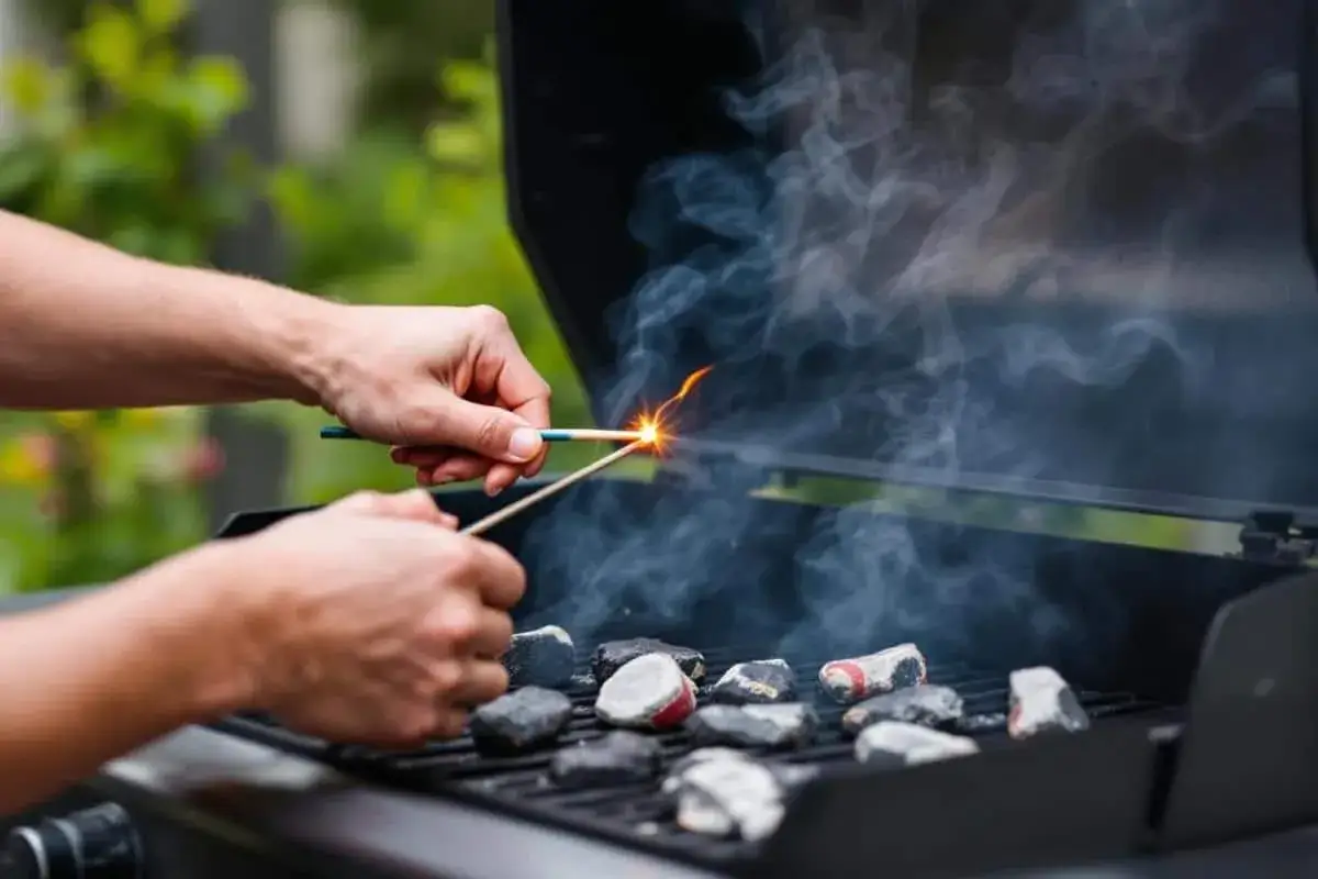 Allumer un barbecue : une &eacute;tincelle jaillit d'une allumette sur des charbons ardents. La fum&eacute;e commence &agrave; s'&eacute;lever, annon&ccedil;ant le d&eacute;but de la cuisson.