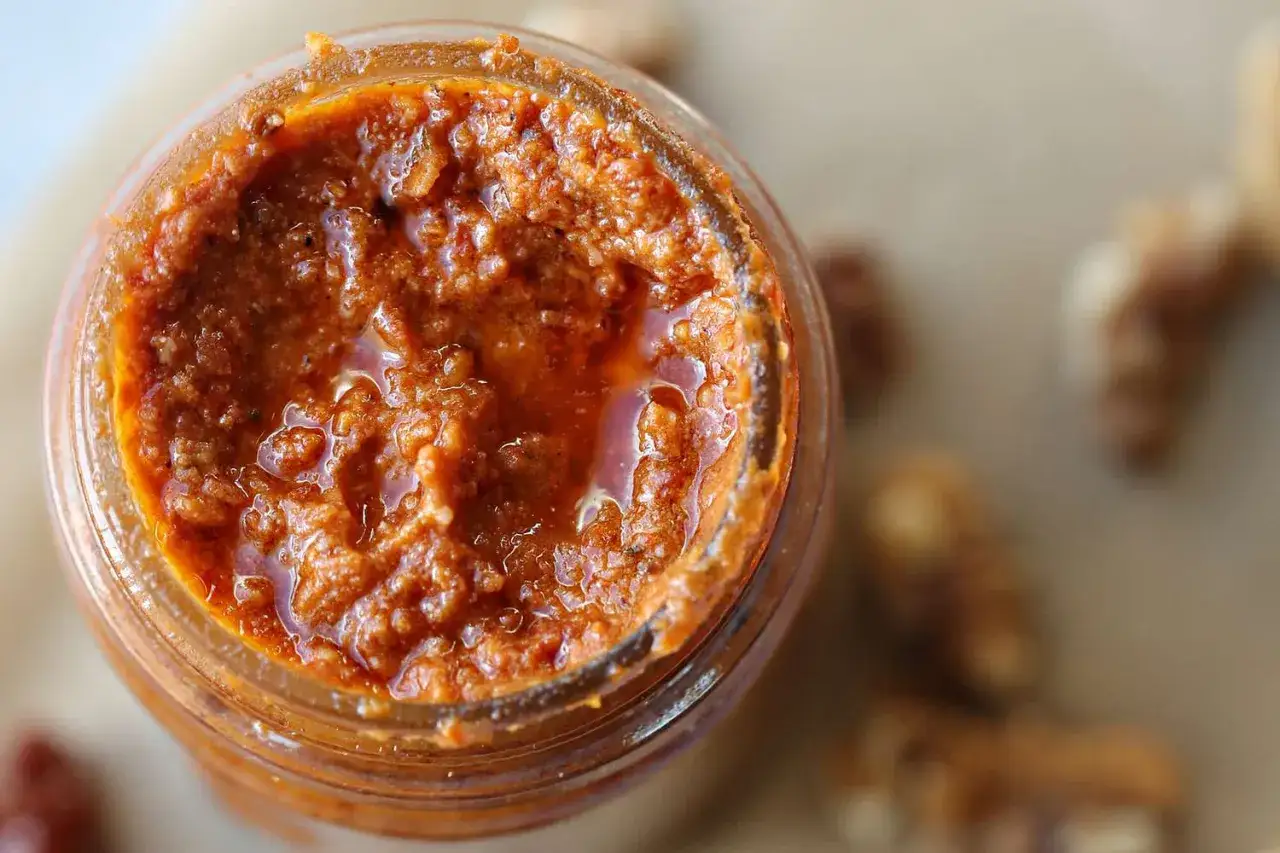 Un pot de pesto rosso, une sauce italienne savoureuse, avec des noix floues en arrière-plan.