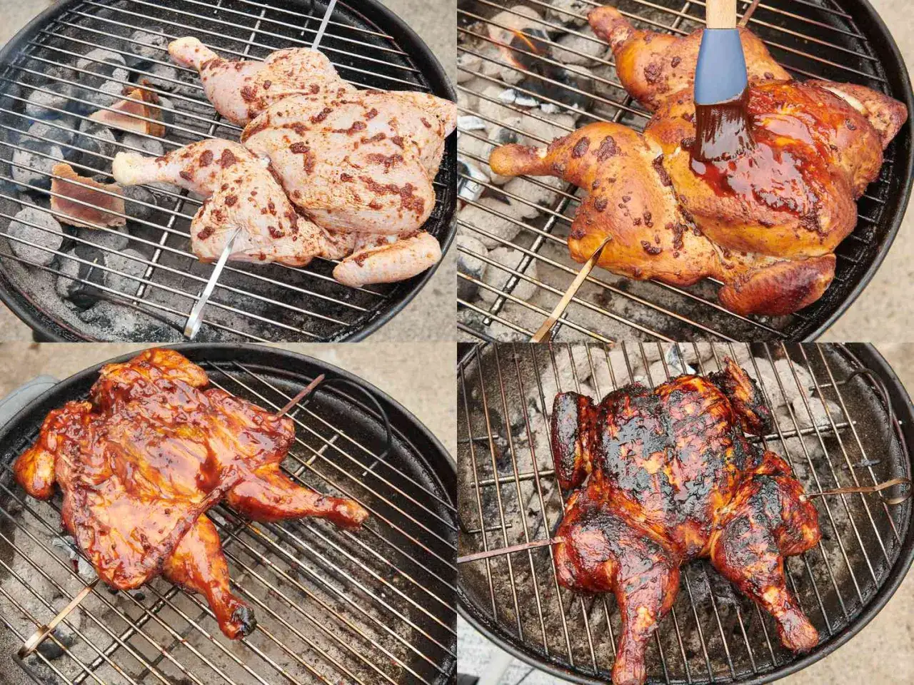 Préparation d'un poulet crapaudine à la broche sur le grill. Assaisonné, puis badigeonné de sauce, il finit grillé à la perfection.