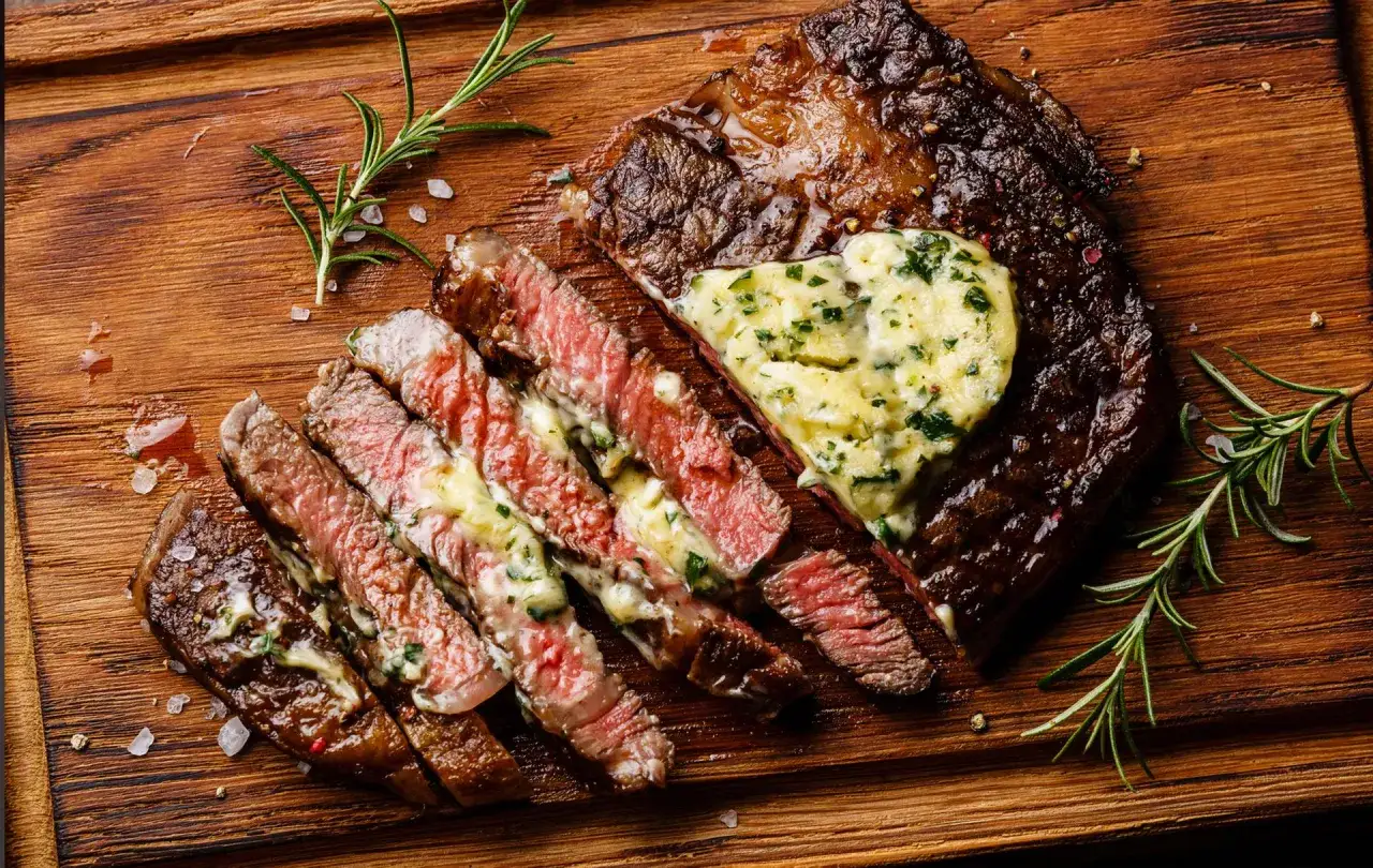 Un steak de bœuf juteux, tranché et garni d'une généreuse portion de beurre maître d'hôtel, sur une planche en bois avec du romarin.