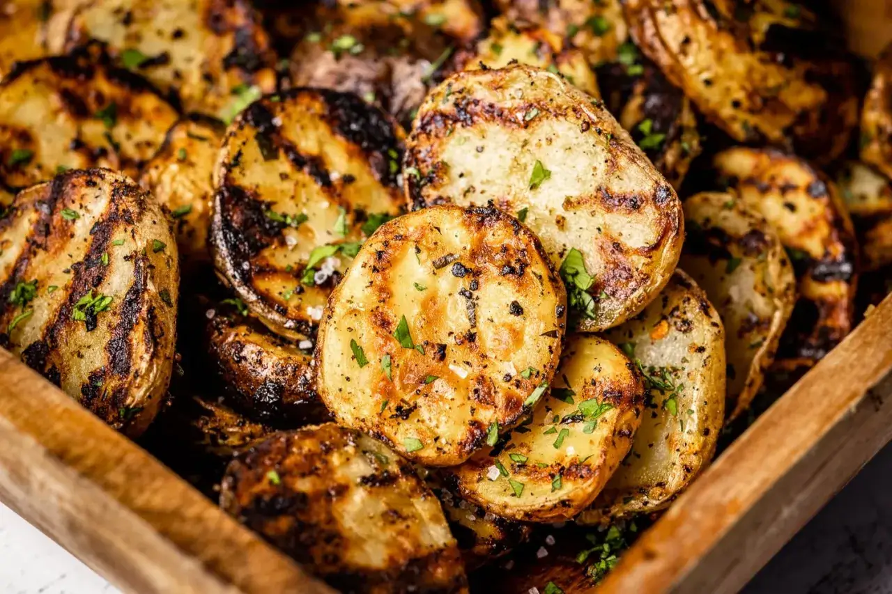 Pommes de terre grenaille grillées, coupées en rondelles, parsemées de persil frais et de gros sel. Elles ont des marques de grill distinctes et une texture appétissante.